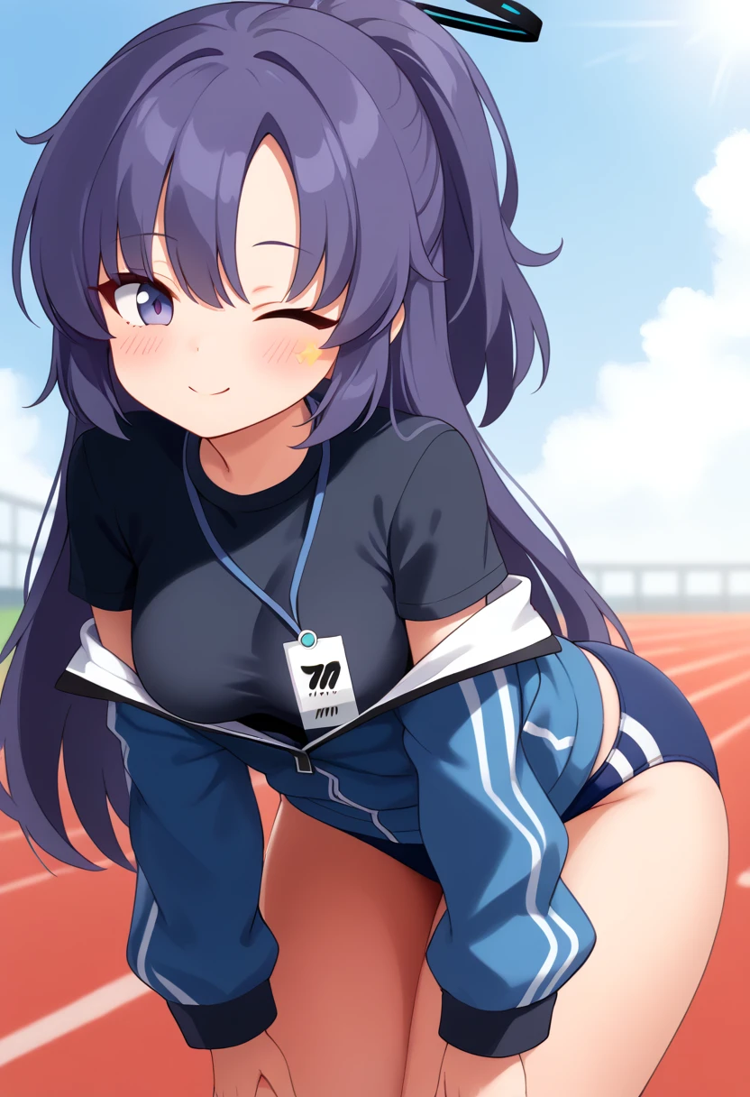 score_9, 1girl, solo, yuuka \(blue archive\), blue archive, yuuka \(track\) \(blue archive\), halo, purple eyes, purple hair, long hair, ponytail, thick thighs, medium breasts, yuuka-gym, id card, blue jacket, track jacket, black shirt, blue buruma, cowboy shot, leaning forward, v arms, looking at viewer, breasts, blush, smile, one eye closed, ;\), closed mouth, outdoors, day, blue sky 