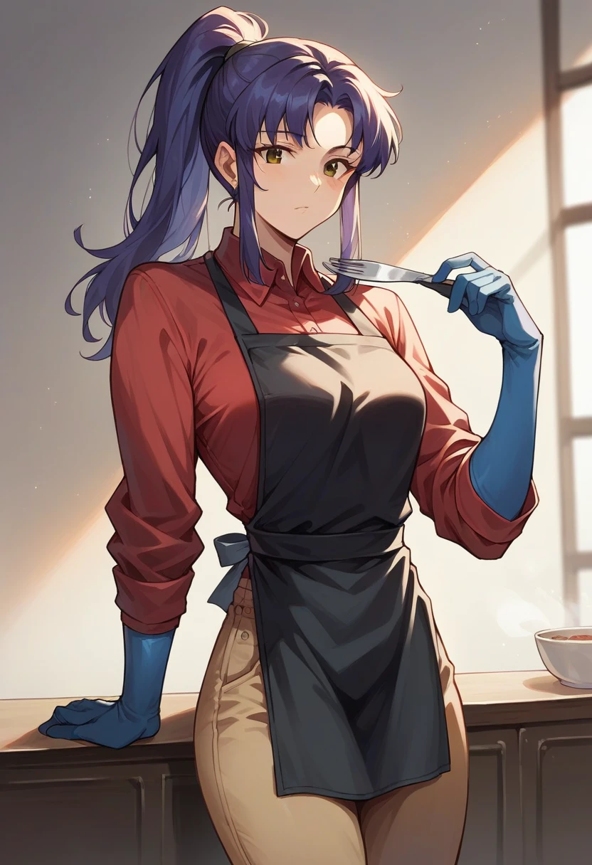 1girl, misato katsuragi, ponytail, ((blue half elbow gloves)), (red shirt), ((long sleeves)), (black apron), (pants), solo