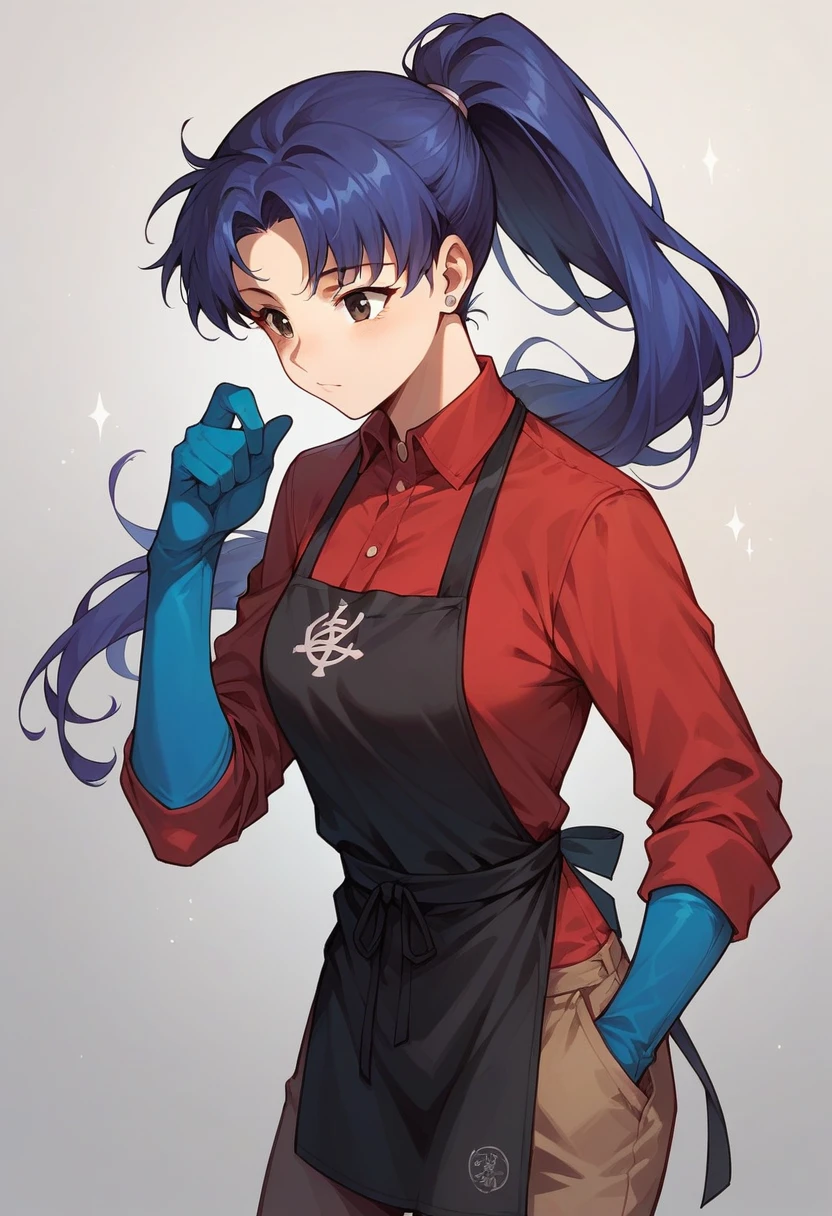1girl, misato katsuragi, ponytail, ((blue half elbow gloves)), (red shirt), ((long sleeves)), (black apron), (pants), solo