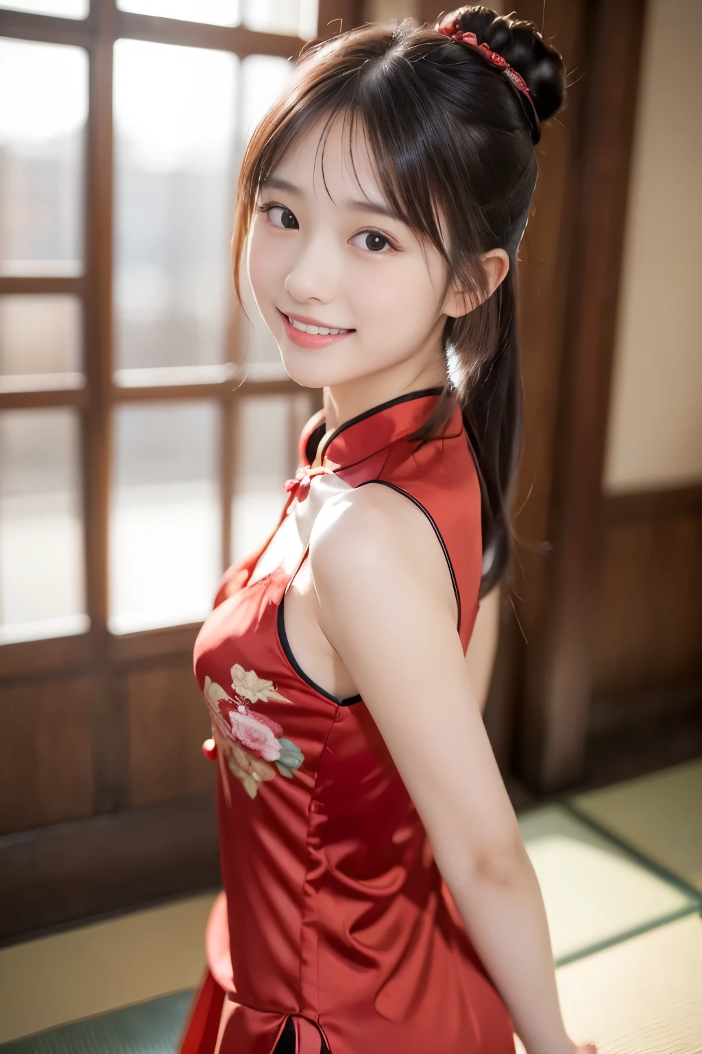 (((masterpiece))), (Beautiful Japanese Girl, Pure and innocent，cute) ，Ultra-high resolution, Realistic, Ultra-detailed, 8k,Highest quality, Very detailed, (Slender figure，とてもBeautiful Japanese Girl, Flat Chest、Detailed face:1.3), (Bun Hair，Black Hair:1.4), (Baby Face，cute系,Adorable 12 year old girl), (Perfect body:1.1), Show me your beautiful teeth，弾けるsmile, Sexy red cheongsam, One girl, alone, Full-body display, smile,  beautiful girl、At the palace,Looking Back,Rear view