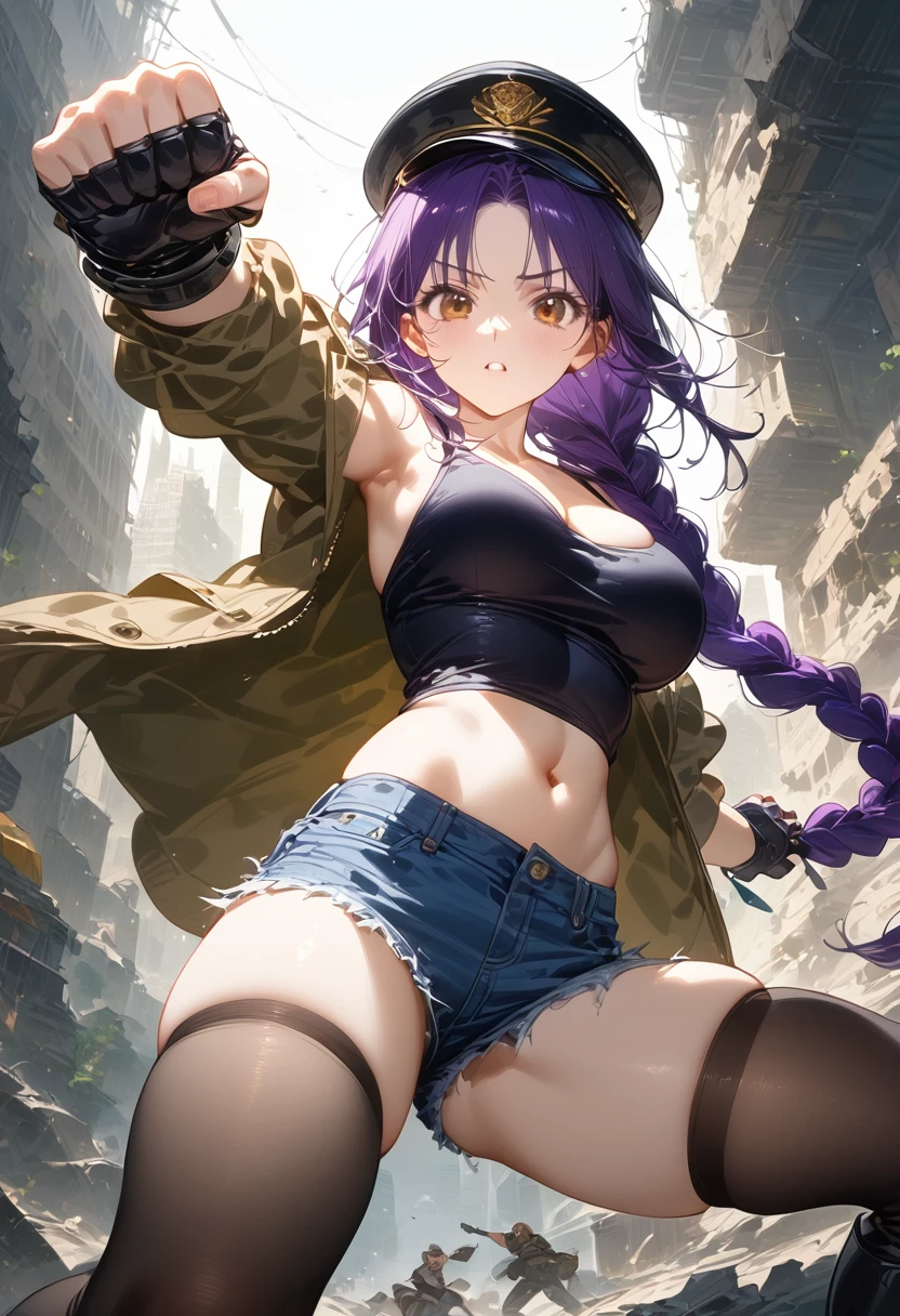 1girl, shadowrun, solo, ************, parted bangs, messy hair, black purple hair, (very long single braid:1.8), brown eyes, large breasts, stomach, slender, obliques, (black casquette hat:1.2), (shoulder armor:1.1), (khaki armored jacket), open jacket, (roll up sleeves), black tank top, upper cleavage, loose tank top, fingerless gloves, mechanical gauntlet, (denim micro shorts:1.2), (open fly shorts), exphosed groin, (thighhighs), mechanical greave, knee boots, skindentation, (martial arts:1.3), (attack:1.1), (punching at viewer:1.3), cyberpunk, tower dungeon, ruins, megastructure, indoor, (masterpiece:1.2), (best quality:1.2), (very aesthetic:1.2), (absurdres:1.2), (detailed background:1.1), newest, safe, ai-generated, anime screencap, realistic, photorealistic, intricate details, beautiful natural lighting, beautiful deatailed shadow, beautiful detailed glow, 1990s (style), score_9, score_8_up, score_7_up, ultra-detailed, Best-A, Medium-B, Low-C, Bad-D, rating_explicit, enhancer