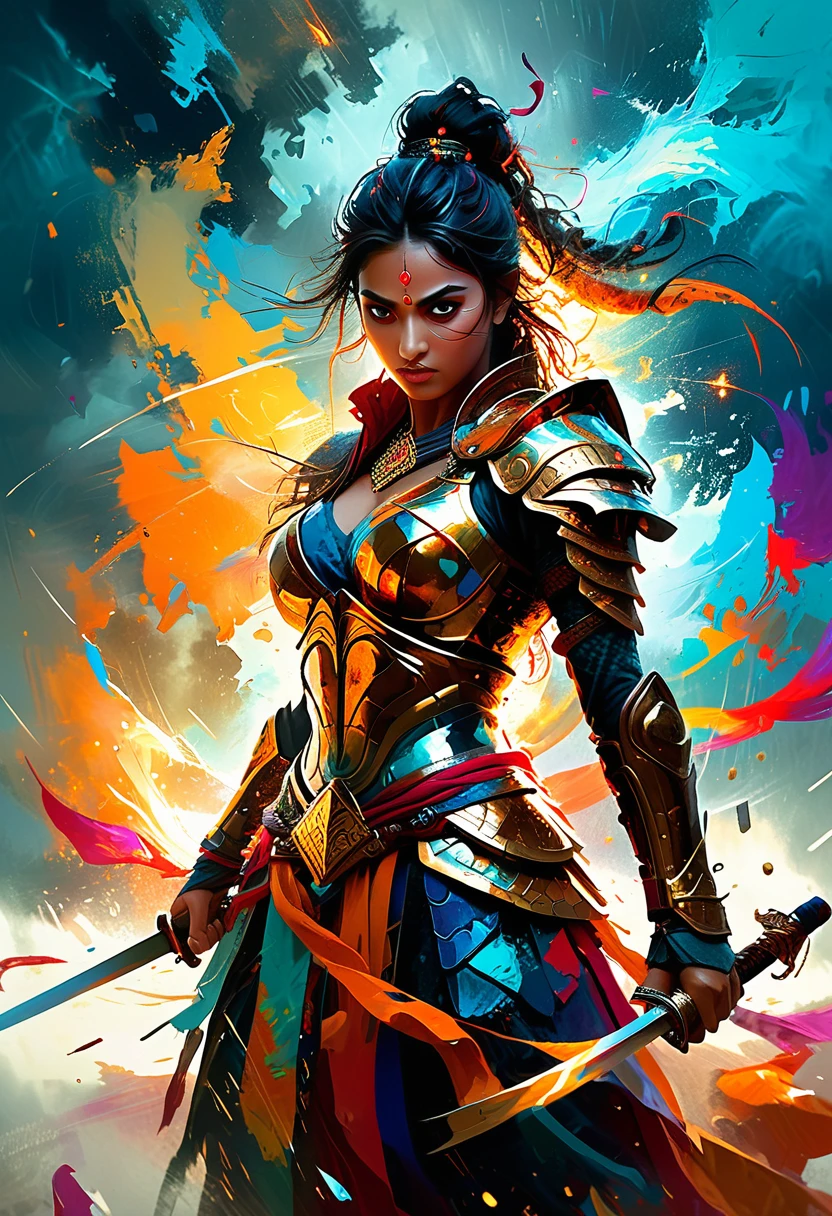 Visualize an intense scene of a battle-hardened warrior in a vivid and abstract landscape. The warrior is a powerful woman of South Asian descent, clad in intricate bronze armor, a finely-crafted sword gripped firmly in her hand. The landscape is a storm of geometric shapes and swirling colors, seemingly defying the laws of physics. Splashes of paint dance around the warrior, representing the chaotic but beautiful turmoil of the battlefield.