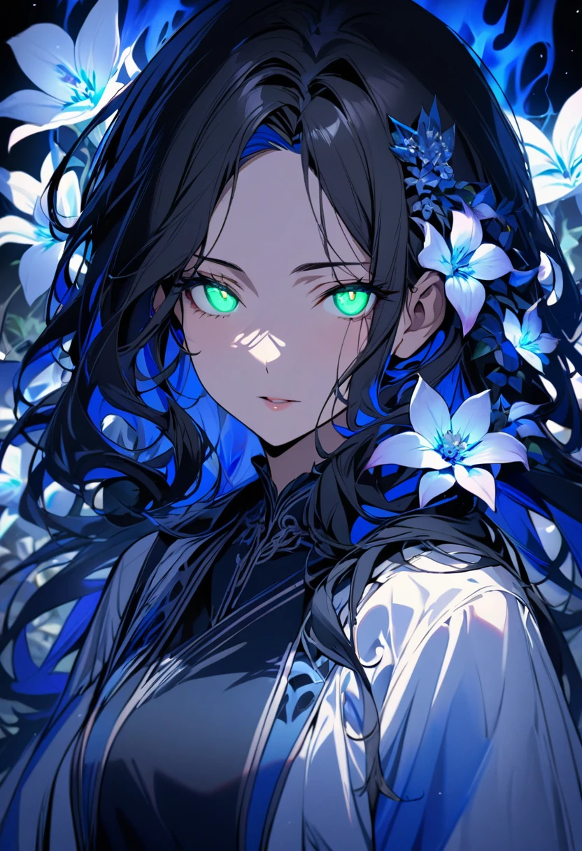 girl, black hair, long hair, green eyes, ,blue hair ornament pretty, blue dress, ,beautiful eyes, mature, super detail, beautiful color, glowing eyes, blue aura, smooth hair, adult, mature, woman, flower, main face, front face