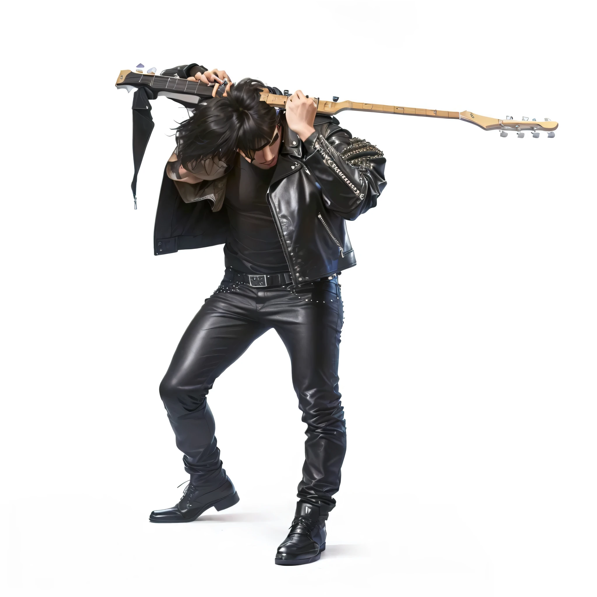 A man is performing a guitar solo with the guitar behind his head. The man is dressed in an unbuttoned black leather jacket with a bare torso, black leather trousers.