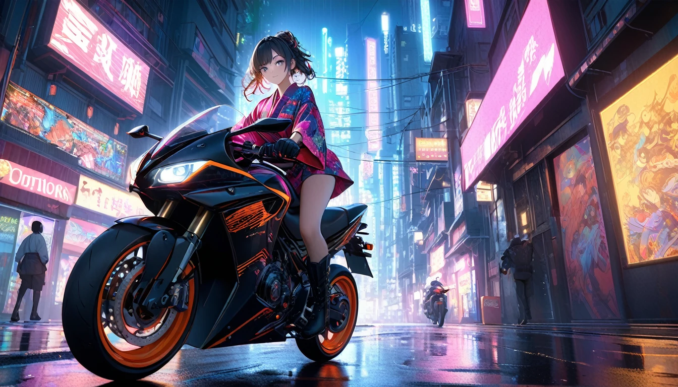 (masterpiece, best quality, super detailed, beautiful details eyes, Clean and delicate face), a cute lady riding a futuristic motorcycle in the city, Dynamic Motion Blur, trail of lights, long exposure, akira anime style, (wearing a pop color yukata, black gloves and boots, thigh, leaning forward), slight smile, Fluttering yukata, cyberpunk city, neon lights, volumetric lighting, dramatic lighting, cinematic, photo realistic, 8k, studio lighting, vivid colors, digital art, perspective, from below, splash after driving on wet road