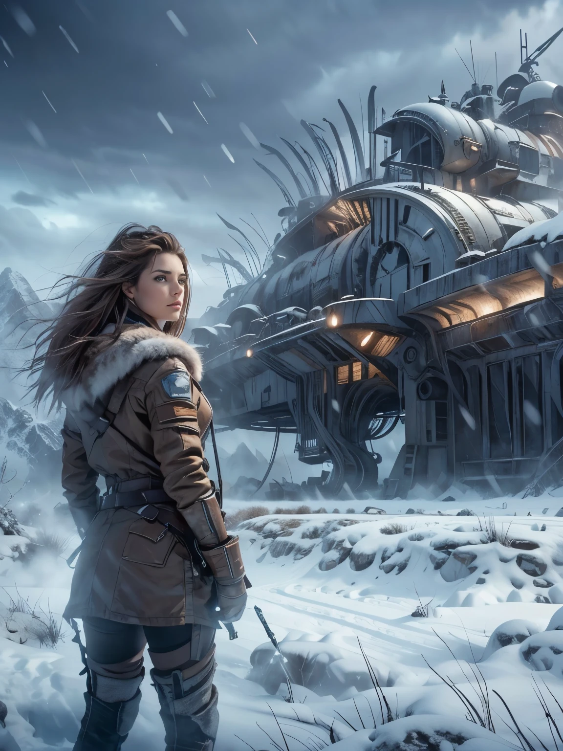 (masterpiece,ultra detailed,8k,photorealistic,cinematic lighting,dramatic lighting),(apocalyptic,snowy winter landscape),(beautiful young woman,23 years old,gorgeous european features,cleavage,long wavy brown hair,intense gaze,elegant pose),(giant futuristic spacecraft,high-tech shuttle,cold icy environment)