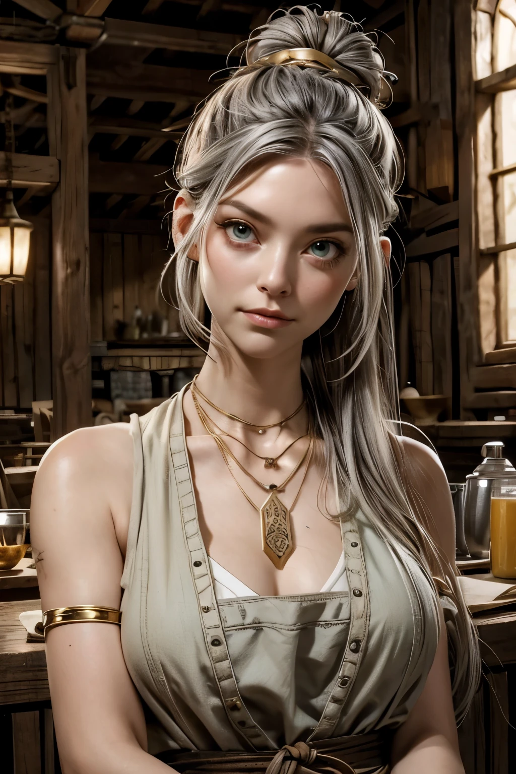 Draw a woman in a medieval environment, around 55 years old, height of 1,75m, erect and confident posture. her hair is gray, tied up in a loose bun with a few strands loose. Your face has expression lines around the eyes and mouth, suggesting a life full of experiences, with deep, expressive green eyes. Wear a long, simple dress, in earthy tones, with a slightly worn white apron, but clean. Adorn your arms with leather and metal bracelets, and show some old scars. She wears a necklace with an antique gold sun pendant.. Your expression should be welcoming, with a touch of authority. The setting is a rustic tavern, with mixed decoration of monarchy and religious icons