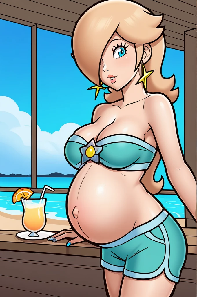 score_9, score_8_up, 1girl, solo, rosalina, style parody, thick outlines, blue bikini, shorts, pregnant belly, sleeveless, strapless, cleavage, indoors, beach, 