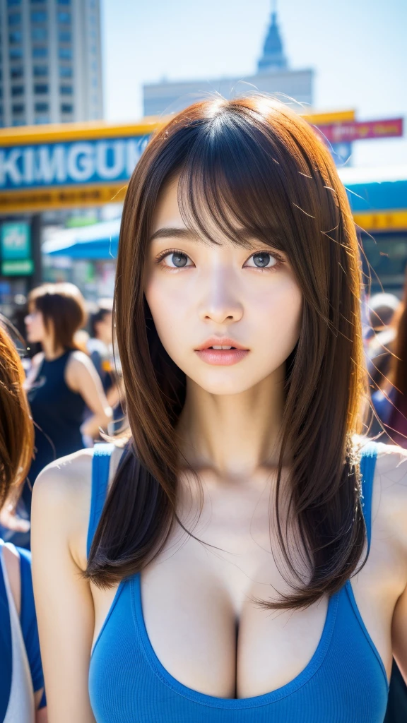 RAW photo, (best quality, 8k, 32k, masterpiece, UHD:1.2), ultra high resolution, (pretty a Korean girl ), long shot, beautiful detailed eyes, semi long brown fluffy hair, bangs, (wearing blue tank-top), large breasts, cleavage, (crowded city boulevard on a bright sunny day:1.3), (detailed background:1.5)