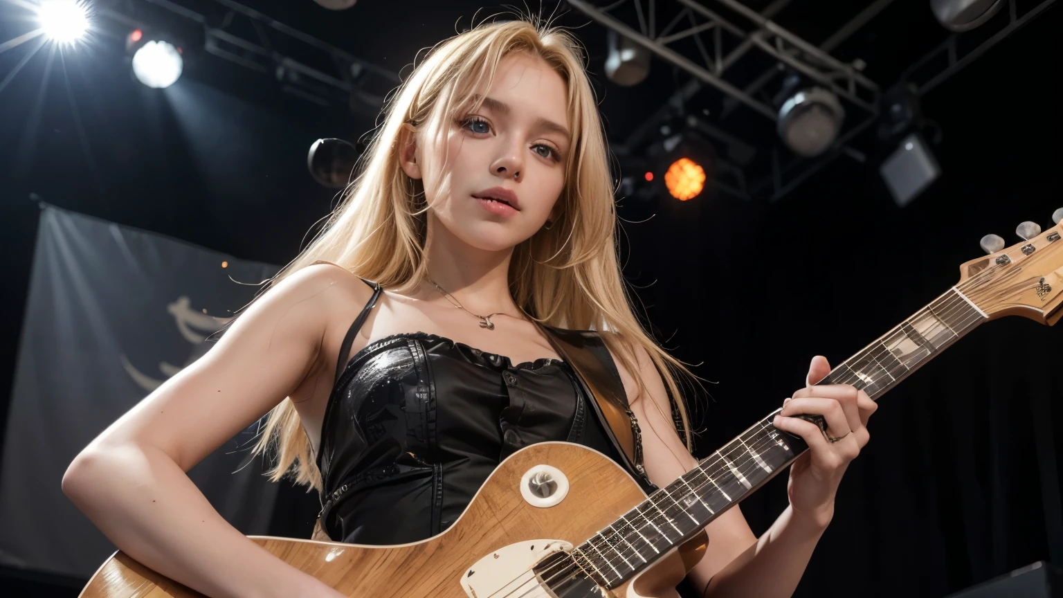 A blonde woman (@micaela), with a guitar in her hand.
in a live show,
on a lit stage,
and large audience.
NEGATIVE PROMPTS
deformity, , defect in hands, defect in face, ugliness,