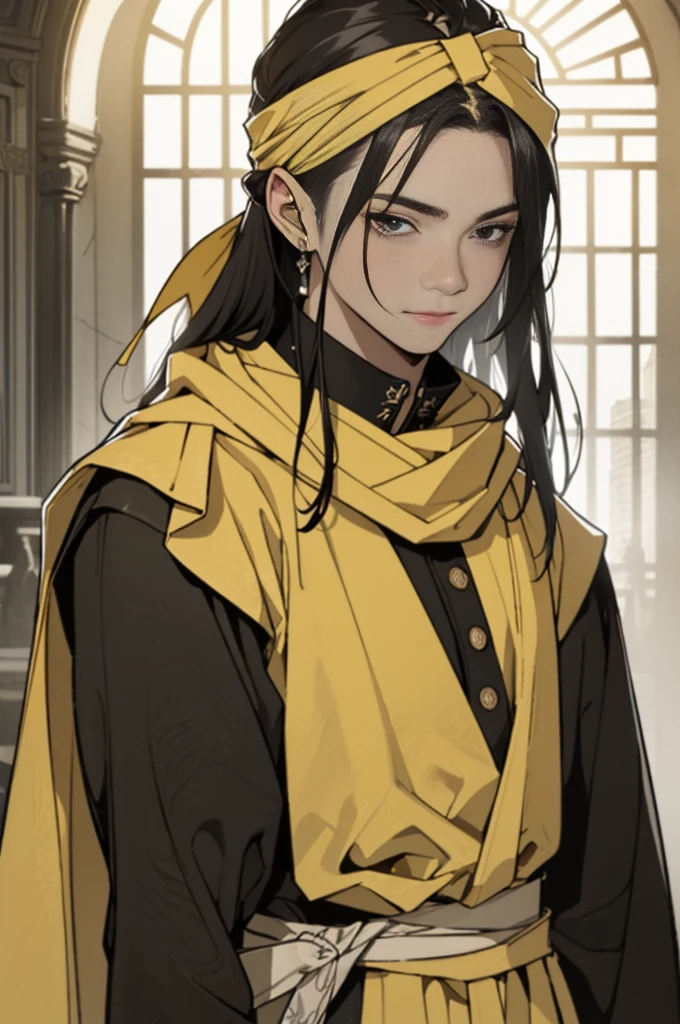 Photo of a dark-haired man looking at the camera、(((Yellow bandana on head))),(((Muscular man)))、(Very detailed CG ユニティ 8k 壁紙,masterpiece, Highest quality, Very detailed),(Best lighting, Best Shadow, Very delicate),good looking ,Roleplaying、Small eyes、Long Hair、Fantasy style clothing、Yellow clothes、Yellow Cape、Black Shirt、