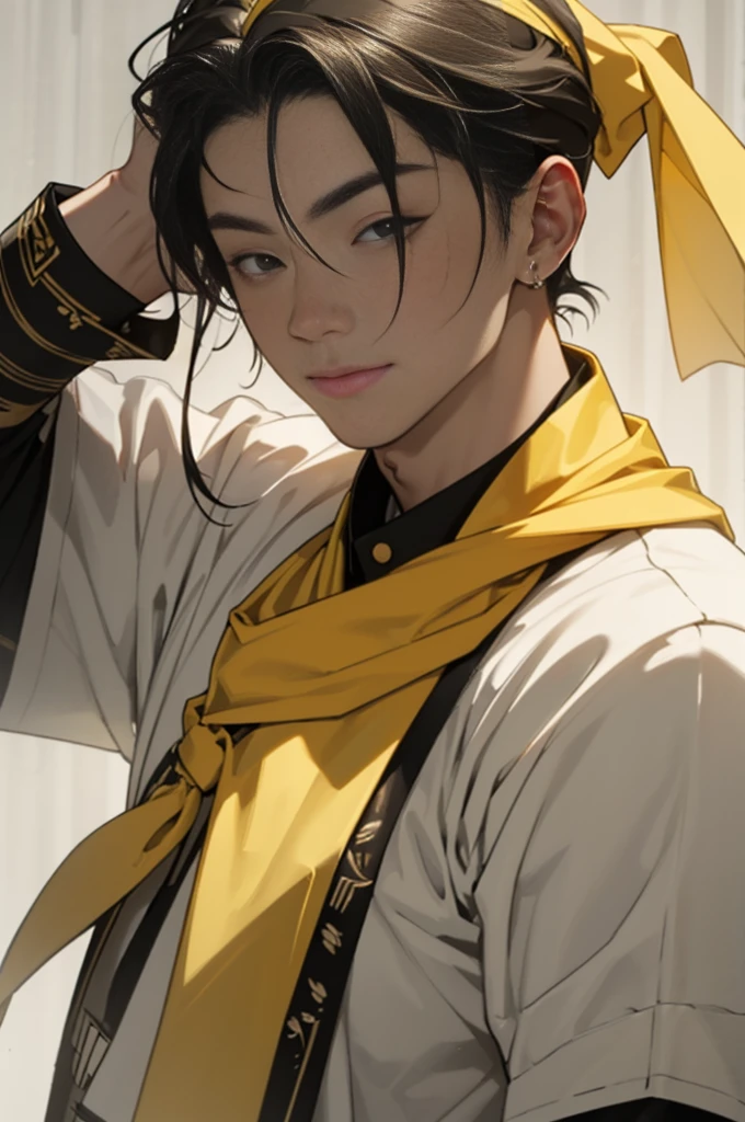 Photo of a dark-haired man looking at the camera、(((Yellow bandana on head))),(((Muscular man)))、(Very detailed CG ユニティ 8k 壁紙,masterpiece, Highest quality, Very detailed),(Best lighting, Best Shadow, Very delicate),good looking ,Roleplaying、Small eyes、Long Hair、Fantasy style clothing、Yellow clothes、Yellow Cape、Black Shirt、