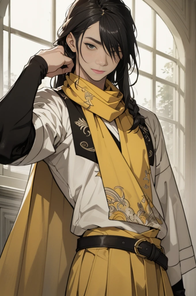 Photo of a dark-haired man looking at the camera、(((Yellow bandana on head))),(((Muscular man)))、(Very detailed CG ユニティ 8k 壁紙,masterpiece, Highest quality, Very detailed),(Best lighting, Best Shadow, Very delicate),good looking ,Roleplaying、Small eyes、Long Hair、Fantasy style clothing、Yellow clothes、Yellow Cape、Black Shirt、