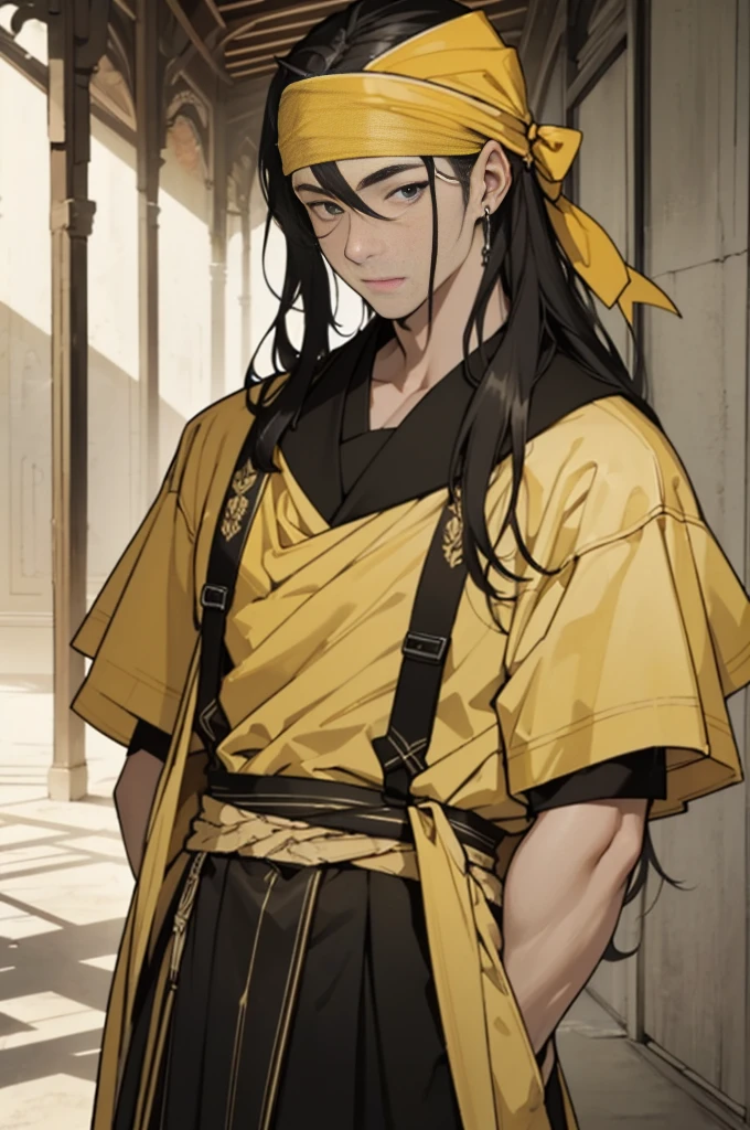 Photo of a dark-haired man looking at the camera、(((Yellow bandana on head))),(((Muscular man)))、(Very detailed CG ユニティ 8k 壁紙,masterpiece, Highest quality, Very detailed),(Best lighting, Best Shadow, Very delicate),good looking ,Roleplaying、Small eyes、Long Hair、Fantasy style clothing、Yellow clothes、Yellow Cape、Black Shirt、