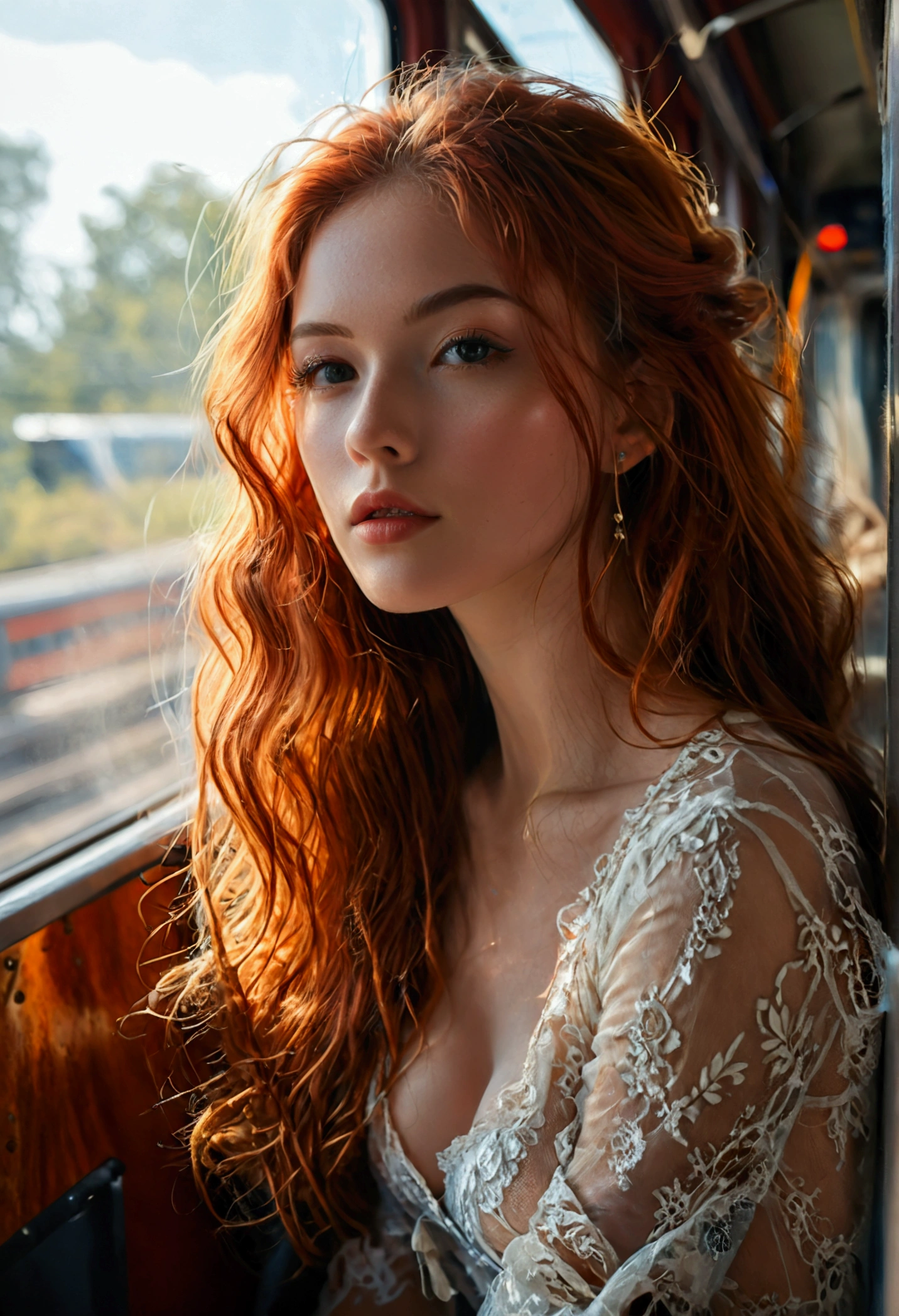 (full body shot:1.7) photorealistic image of a (standing pose:1.3) woman, ultra realistic, photography, long red hair, girl, 24 years old, hourglass figure, perfect body, natural medium breasts, blur background, smokey eye make-up, long eyelashes, looking seductive, seduction, dreamy look, full body, full body picture, full body shot, wide angle, wide angle picture, she is sitting in the train, her face is sweating, outside it is a beautiful sunny day, through the open window of the train a fresh breeze comes in, she has wind in her hair, wind is blowing in her hair