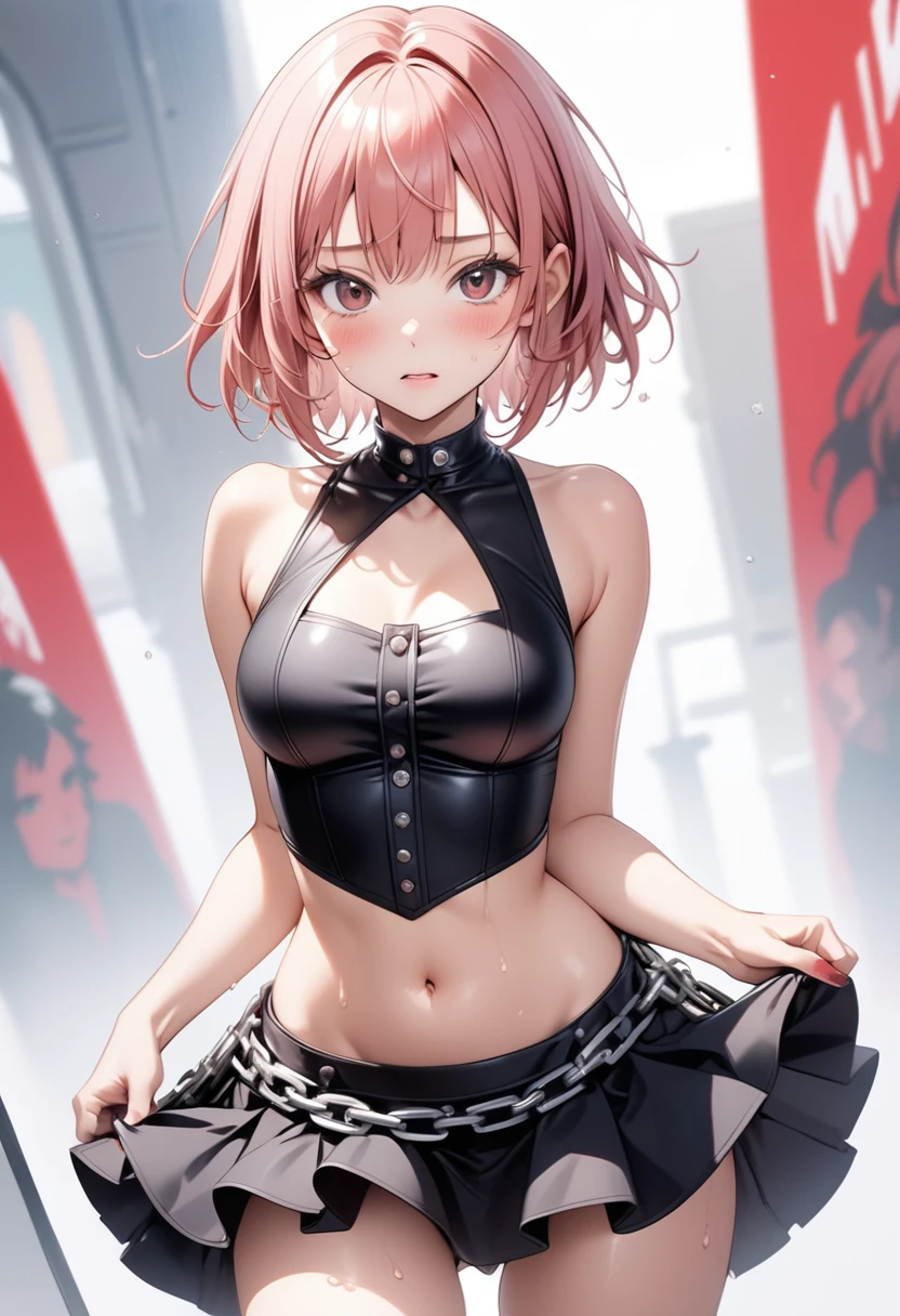 A woman in chains,(((Female Rock singer's costume, skirt))), skindentation, skinny, solo, 1 woman, Masterpiece, highest quality, highest quality, 16K, incredibly absurd, highly detailed, 2.5D, ai-generated, delicate and dynamic, very delicate facial expressions, delicate eye depiction, erotic, only sexy woman, ((A cute and kind face)), healthy figure, ((25-year-old woman)), 160cm tall, medium firm swaying bust, (short hair), (dark red hair:1.5), bob cut, black eye, lots of blush, Sweat,Embarrassed,sexy, ((thin thighs)), (camel toe:0.7), (visible nipples:0.3), (Erect nipples,:0.7), shiny and lustrous, facing straight at viewer, (((in heat))), ((Oily_skin)), ((dutch angle)), ((erotic pose)),(The background was inspired by the image of "Shadow of Liberty."),