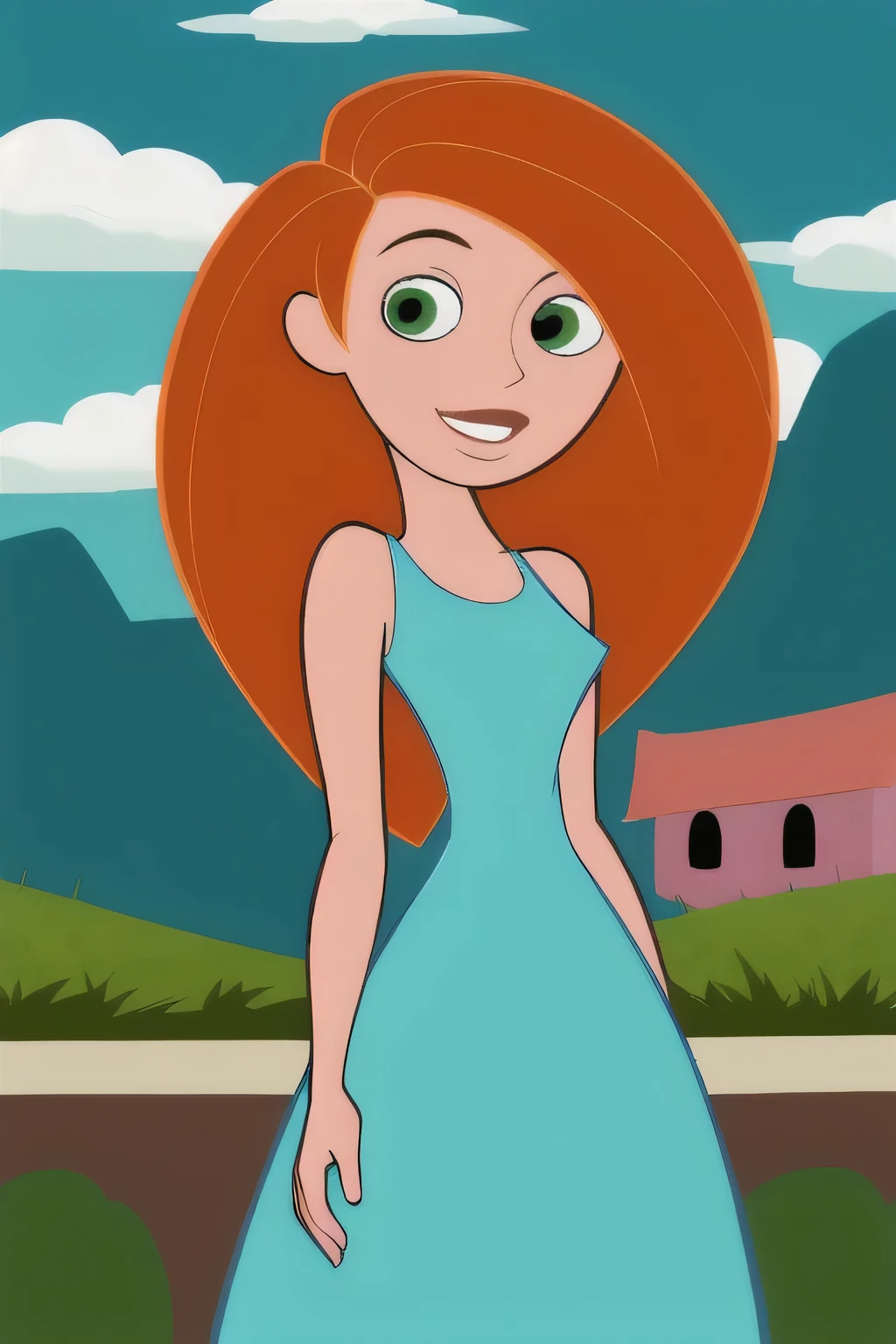 (masterpiece, best quality:1.3), 1girl, looking at viewer, kimberly ann possible, parted lips, upper body, standing, collarbone, bare shoulders, blush, colored skin, orange hair, long hair, absurdly long hair, green eyes, medium breasts, (skindentation:1.2), blue sparkle dress, loose clothes, sleeveless, blue sky, clouds, garden, landscape, smile