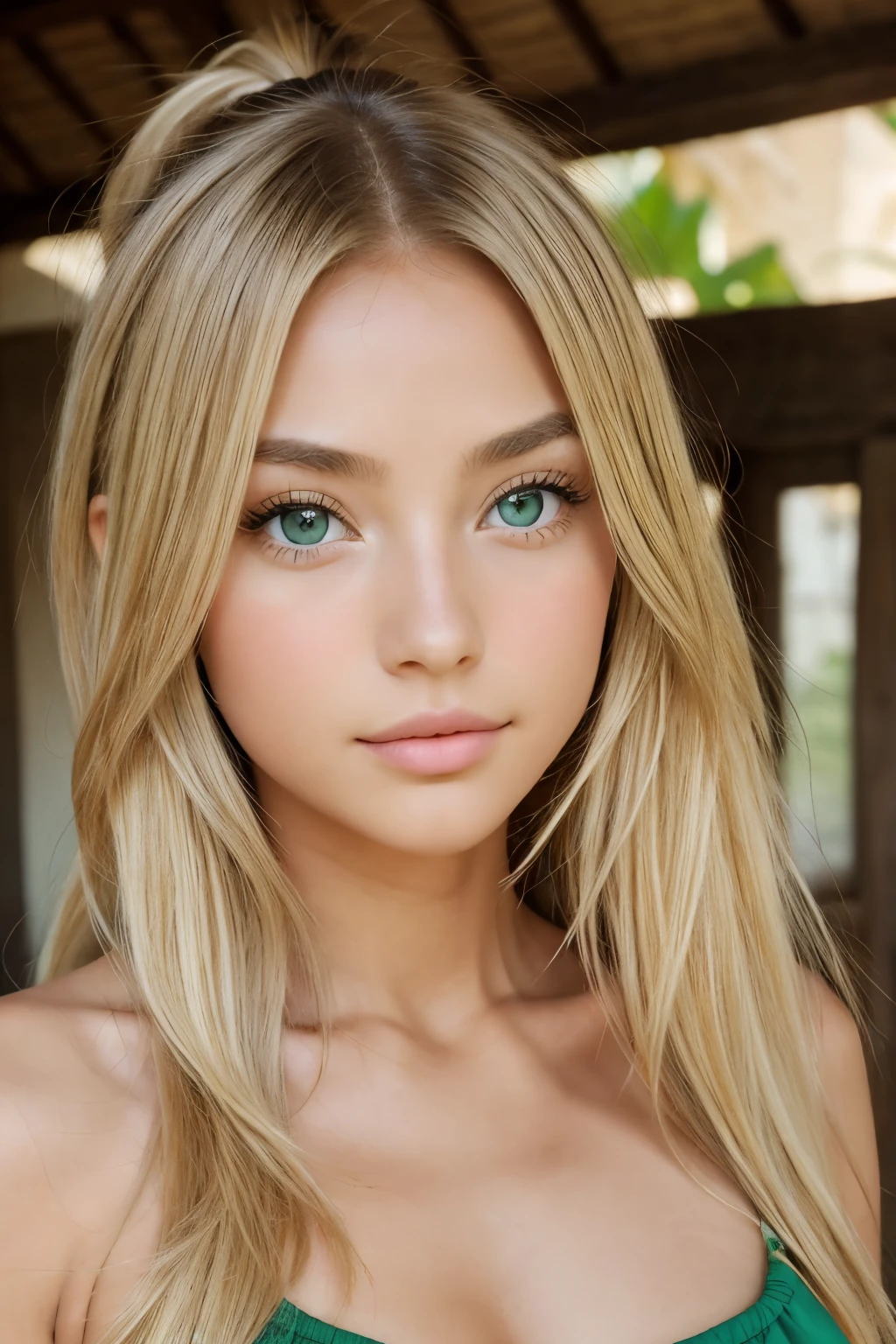 solo, 1 fille, Longhaire, Regardant le spectateur, brown green eyes, blond hair, big lip, small-nose, peau mate, Mexico
