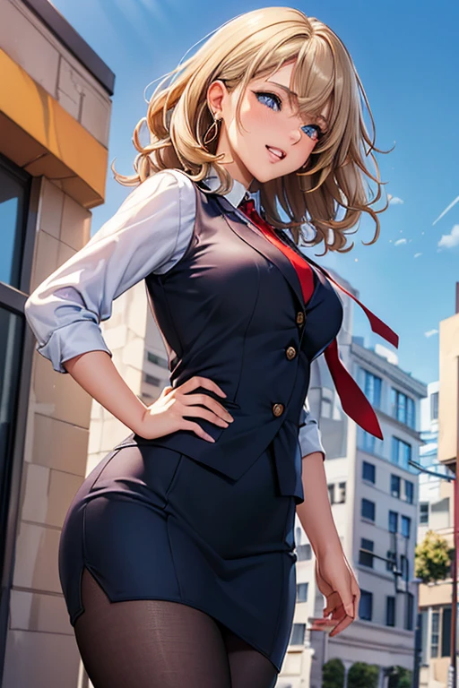 #Basics A girl is posing for a photo, animeのcute女の子, ((One Girl)), (((Baby Face:1.4)) + ((cute:1.5)) + ((15 years old))),
break
#Clothing Accessories
((Blue Business Suit : White dress shirt + Red tie + Blue suit vest + Blue suit jacket + Black pencil skirt + Low denier black pantyhose), Black high heels),
((Gold hoop earrings) + (Silver Necklace)),
break
#Features
(((Blonde)), ((Curly side hair)), ((Short Hair) : Long Hair + Fuller Hair + Voluminous Hair + Curly Hair)),
((Droopy eyes:1.4, Big eyes:1.2), blue eyes),
break
#background environment
((noon + Sunshine + office Street + Sidewalk + Office buildings and passers-by are visible)),
#Facial Expression Pose
((laughing)), ((Walking pose while looking at smartphone) : Walking while staring at a smartphone + Holding a smartphone in one hand and letting the other hang loose),
#composition
((Face the camera, (Focus from below), Cowboy Shot)),
break
#Body parts elements
(Slim figure),
(Detailed Hair, Beautiful Hair, Shiny Hair),
(double eyelid, Long eyelashes),
(Expression of fine eyes, Beautiful and delicate eyes, Sparkling eyes, Eye Reflexes, Glitter Eyeliner),
(Human Ear),
(Beautiful Nose, Thin Nose),
(Glossy Lips, Beautiful Lips, Thick lips), (Symmetrical facial features),
(Detailed skin, Textured skin, Beautiful Skin, Oily skin),
break
#Quality Image Quality Common
(((Highest quality)), ((masterpiece)), ((Very detailed))), ((Ultra-high resolution)), ((16K, 1080P)), ((Full HD)),
(Anatomically correct), (Realistic), (3DCG), (oil), (Detailed cloth texture),
#High quality images and illustrations
((comics, anime)), CG illustration,