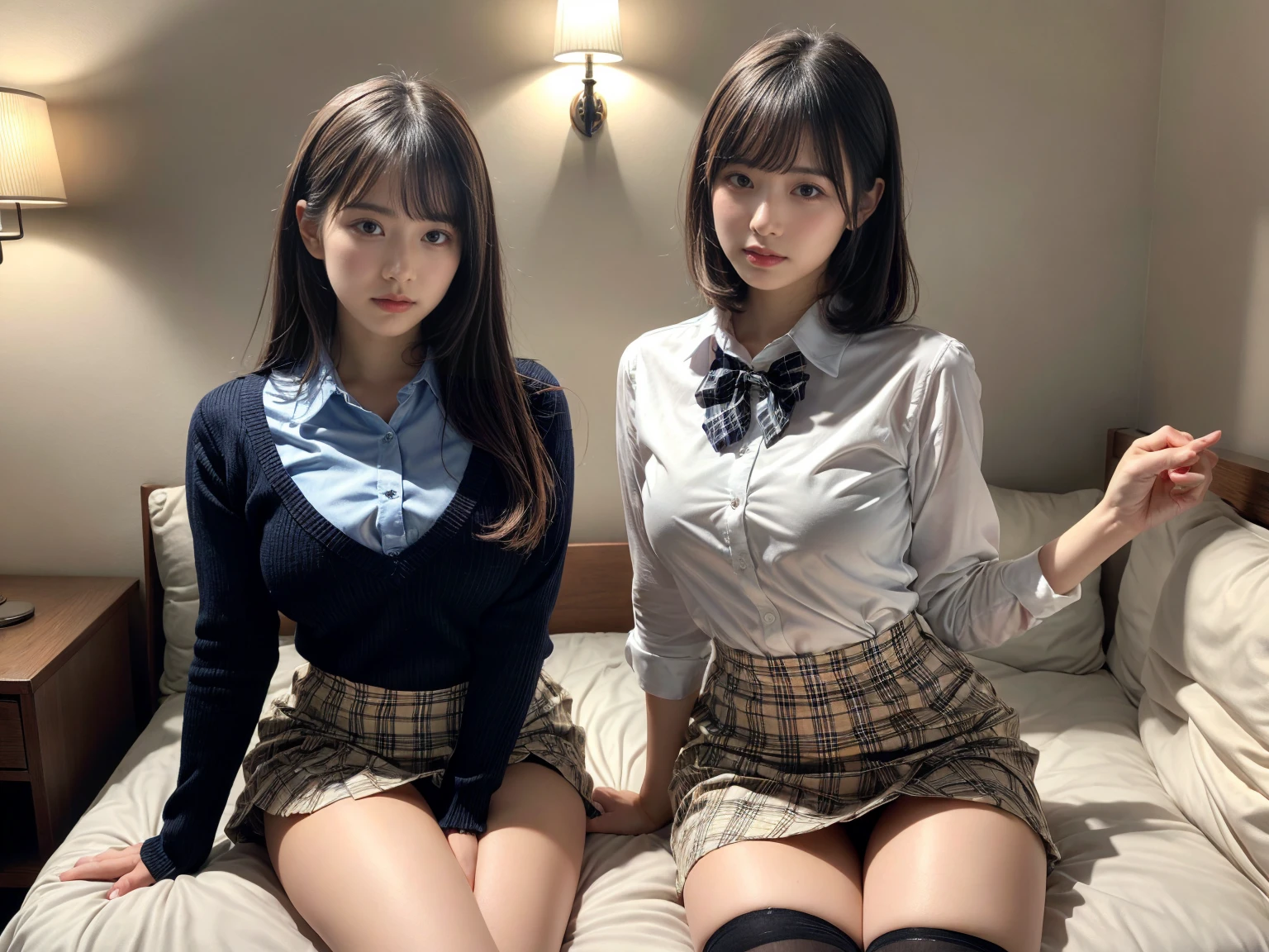 masterpiece, best quality, illustration, Super detailed, fine details, High resolution, 8K,wall paper, perfect dynamic composition,(Details High quality, realistic depiction of eyes:1.3), (2 girls), (white school shirt :1.2), (plaid skirt :1.3), tie black, black thigh-high stockings, sitting, open legs, short bob hair, in a hotel room in the background, deep on field, large breasts, black hair color, Big Natural Color Lip, (perfect body shape), crying a little、Harajuku style、20 year old girl、cute type、beautiful legs, Gravure Idol