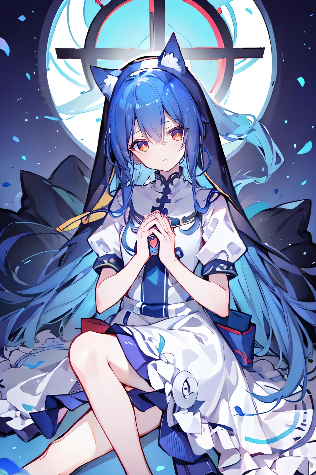 (masterpiece:1.2),Extremely detailed,Practical,expressive eyes,Fair skin,Perfect face shaping,1 Girl,
Japanese cartoons,Gorgeous blue hair, the long flowing blue hair,Floating clothes,Cat ears,Petals fall,beautiful lola,Young Angel,
Place your hands on your waist,sit elegantly on the ground,Cross your legs,Gentle and peaceful background,stately church,nun.