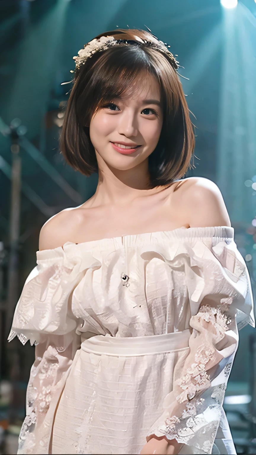 (8k、RAW Photos、Highest quality、masterpiece:1.2)、(Realistic、Realistic)、1 girl、((White off-the-shoulder dress、on stage、Get noticed、Short Bob、View from the front、smile、Looking into the camera 、smile、Upper body photo:1.5))、cute、Large Breasts、Sing with a microphone、dance