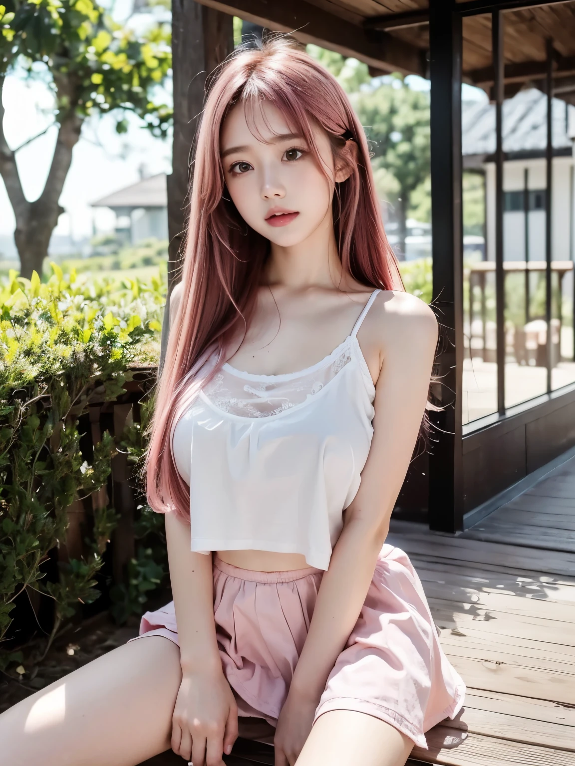 masterpiece,Highest quality,Very detailedな,(Take in the view),Black Hair,Realistic,18-year-old,(Bokeh),Sweat,blush,,(orgasm),Natural pose, artistic、Very detailed,(Beautiful pink hair, Beautiful eyes, Long Hair, ),Pink Hair Color、Hair with movement、The wind is blowing、White camisole、Frilled mini skirt、Because it was tilted、heart hands、
