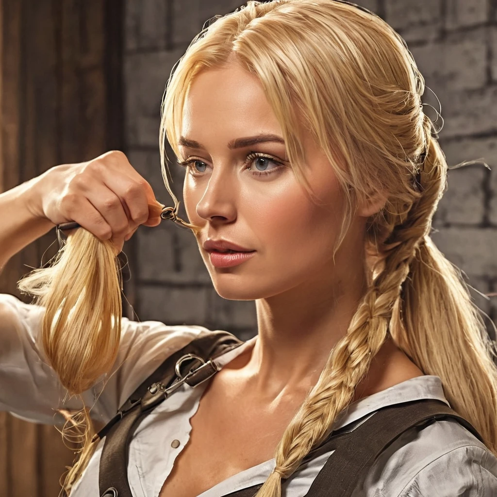 Comic style(high resolution)Scandinavian women、She is tying up her blonde hair.。warrior's eyes、Tall、Well-trained, muscular body、Large bust and hips、Soaked shirt and pants、The color of the nipples is visible、You can even see the color of your pubic hair。Palace bathroom