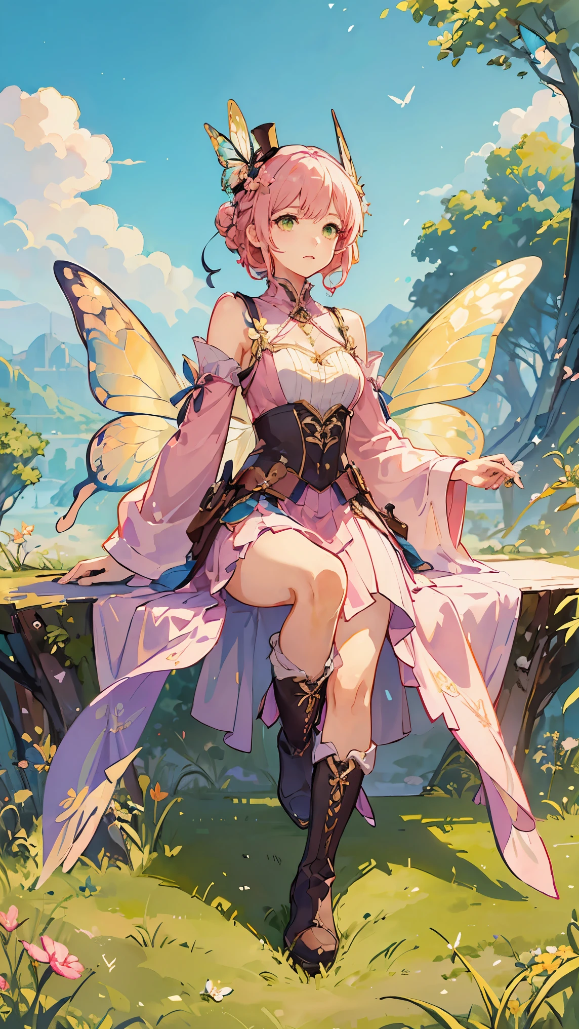 ((best quality)), ((masterpiece)), (detailed), 1girl,  fairy, winged fairy, swallowtail butterfly wings, pointed hat, pink hair, green clothes, leather boots, fly in the sky, Spread colorful feathers, Fantasy art, fantasy anime