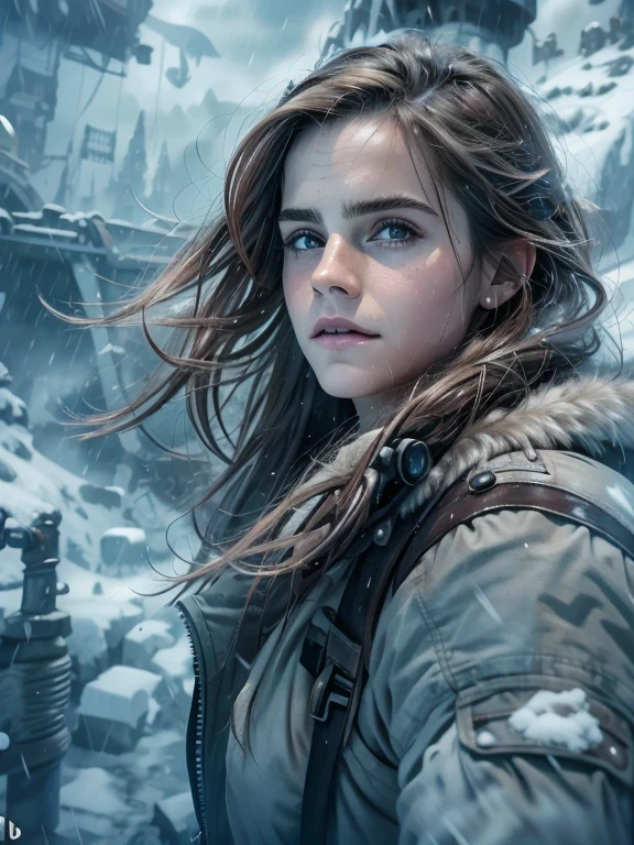 (emma watson, detailed,8k,photorealistic,cinematic lighting,dramatic lighting),(apocalyptic,snowy winter landscape),(beautiful young woman,23 years old,gorgeous european features,cleavage,long wavy brown hair,intense gaze,elegant pose),(giant futuristic spacecraft,high-tech shuttle,cold icy environment)