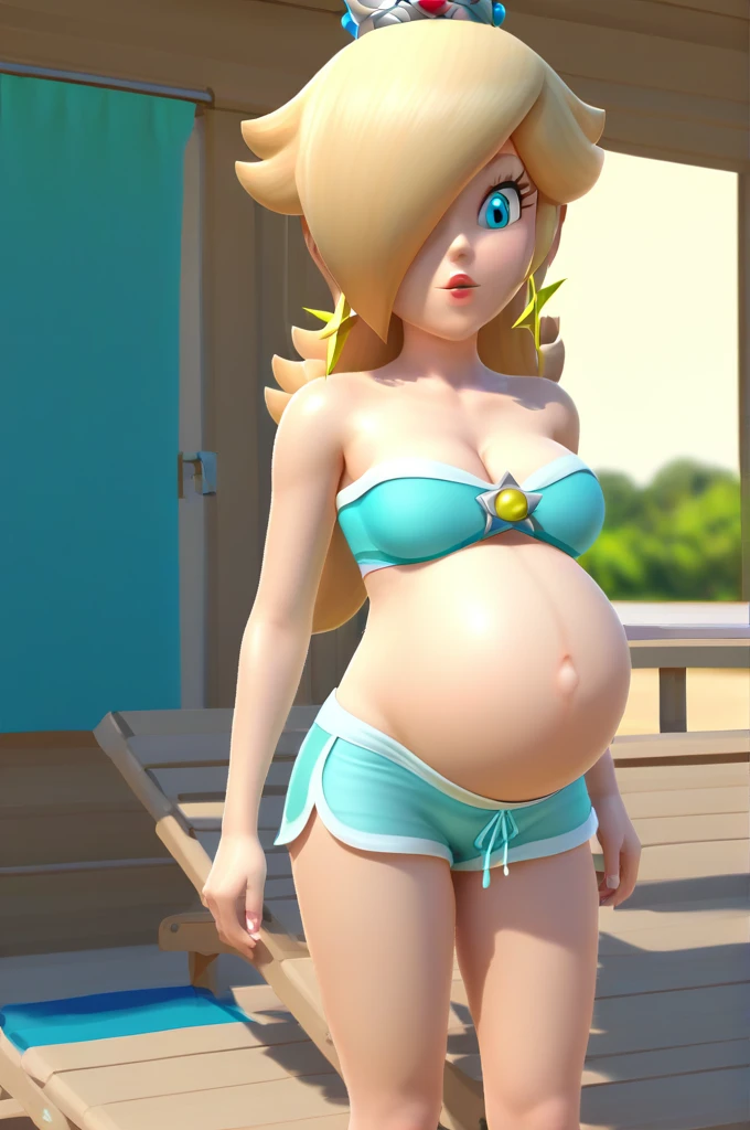 score_9, score_8_up, 1girl, solo, rosalina, style parody, thick outlines, blue bikini, shorts, pregnant belly, sleeveless, strapless, cleavage, indoors, beach, 