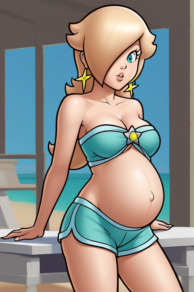 score_9, score_8_up, 1girl, solo, rosalina, style parody, thick outlines, blue bikini, shorts, pregnant belly, sleeveless, strapless, cleavage, indoors, beach,