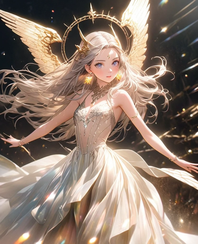 8K,gal,an extremely delicate and beautiful,Beautiful and realistic skin,Shiny jewel-like earrings,Shine like glitter long silver hair,beautiful eyes,full body,ニットワンピース