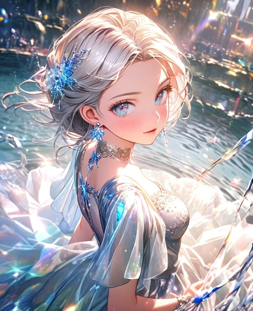 8K,gal,an extremely delicate and beautiful,Beautiful and realistic skin,Shiny jewel-like earrings,Shine like glitter long silver hair,beautiful eyes,full body,ニットワンピース