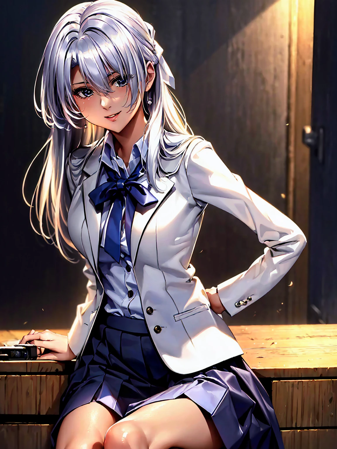 (((Highest quality:1.5、masterpiece:1.5、Very high resolution、Highly detailed images,2.5th Dimension))),Beauty Painting,A woman of perfect and ultimate beauty:18-year-old, Beautiful body:Slender and beautiful breasts、Beautiful Face:smile、Beautiful Hair:silver、High school uniform:White shirt:ribbon:blazer:Pleated skirt、(Best Shot,RAW Photos:1.2)