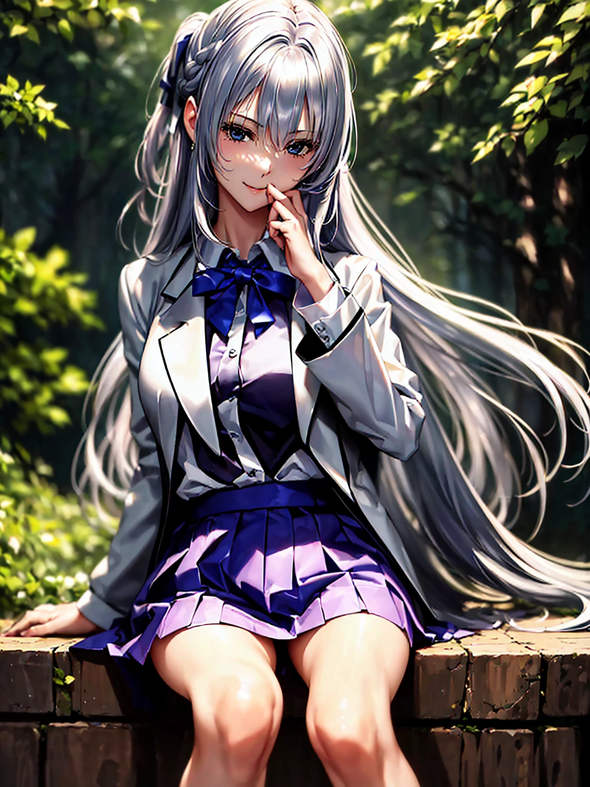 (((Highest quality:1.5、masterpiece:1.5、Very high resolution、Highly detailed images,2.5th Dimension))),Beauty Painting,A woman of perfect and ultimate beauty:18-year-old, Beautiful body:Slender and beautiful breasts、Beautiful Face:smile、Beautiful Hair:silver、High school uniform:White shirt:ribbon:blazer:Pleated skirt、(Best Shot,RAW Photos:1.2)