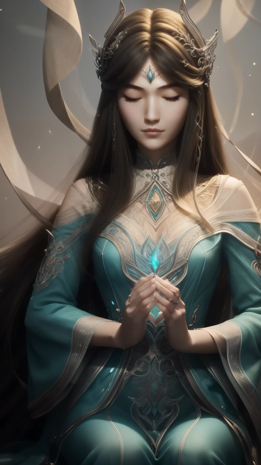 Create a stunning digital wallpaper featuring Ning Rongrong from "Douluo Dalu." She should be depicted in an elegant and enchanting manner, showcasing her as a graceful and confident character. Ning Rongrong is wearing her signature outfit from the series—a traditional, ornate dress with rich colors and intricate designs, reflecting her noble background. The Seven Treasure Glazed Tile Pagoda, her iconic soul tool, should be subtly incorporated into the design, either as a background element or as a glowing aura around her. The overall theme should be a blend of fantasy and elegance, with soft, ethereal lighting that highlights her beauty and the magical essence of her abilities. The color palette should include vibrant and harmonious tones to capture her lively and radiant personality.