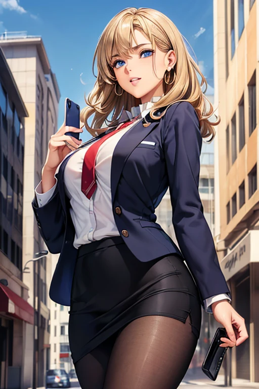 #Basics A girl is posing for a photo, animeのcute***,  ((One Girl)), (((Baby Face:1.4)) + ((cute:1.5)) + ((15 years old))), 
break 

#Clothing Accessories 
((Blue Business Suit : White dress shirt + Red tie + Blue suit vest + Blue suit jacket + Black pencil skirt + Low denier black pantyhose), Black high heels), 
((Gold hoop earrings) + (Silver Necklace)),
break 

#Features 
(((Blonde)), ((Curly side hair)), ((Short Hair) : Long Hair + Fuller Hair + Voluminous Hair + Curly Hair)), 
((Droopy eyes:1.4, Big eyes:1.2), blue eyes),  
break 

#background environment 
((noon + Sunshine + office Street + Sidewalk + Office buildings and passers-by are visible)), 
#Facial Expression Pose  
((laughing)), ((Walking pose while looking at smartphone) : Walking while staring at a smartphone + Holding a smartphone in one hand and letting the other hang loose), 
#composition 
((Face the camera, (Focus from below), Cowboy Shot)), 
break 

#Body parts elements 
(Slim figure), 
(Detailed Hair, Beautiful Hair, Shiny Hair), 
(double eyelid, Long eyelashes), 
(Expression of fine eyes, Beautiful and delicate eyes, Sparkling eyes, Eye Reflexes, Glitter Eyeliner), 
(Human Ear), 
(Beautiful Nose, Thin Nose), 
(Glossy Lips, Beautiful Lips, Thick lips), (Symmetrical facial features), 
(Detailed skin, Textured skin, Beautiful Skin, Oily skin), 
break 

#Quality Image Quality Common 
(((Highest quality)), ((masterpiece)), ((Very detailed))), ((Ultra-high resolution)), ((16K, 1080P)), ((Full HD)), 
(Anatomically correct), (Realistic), (3DCG), (oil), (Detailed cloth texture), 
#High quality images and illustrations 
((comics, anime)), CG illustration,
