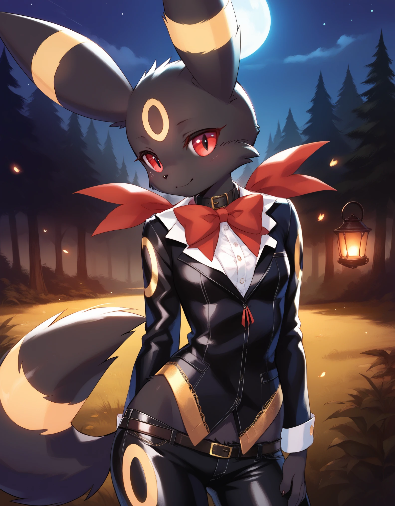 score_9, score_8_up, score_7_up, source_furry, rating_safe, (ancesra), 1girl,anthro, umbreon, black body fur, gold markings, pokemon, red eyes, fluffy fur, at night, moonlight, forest, detailed background, best quality, clothing