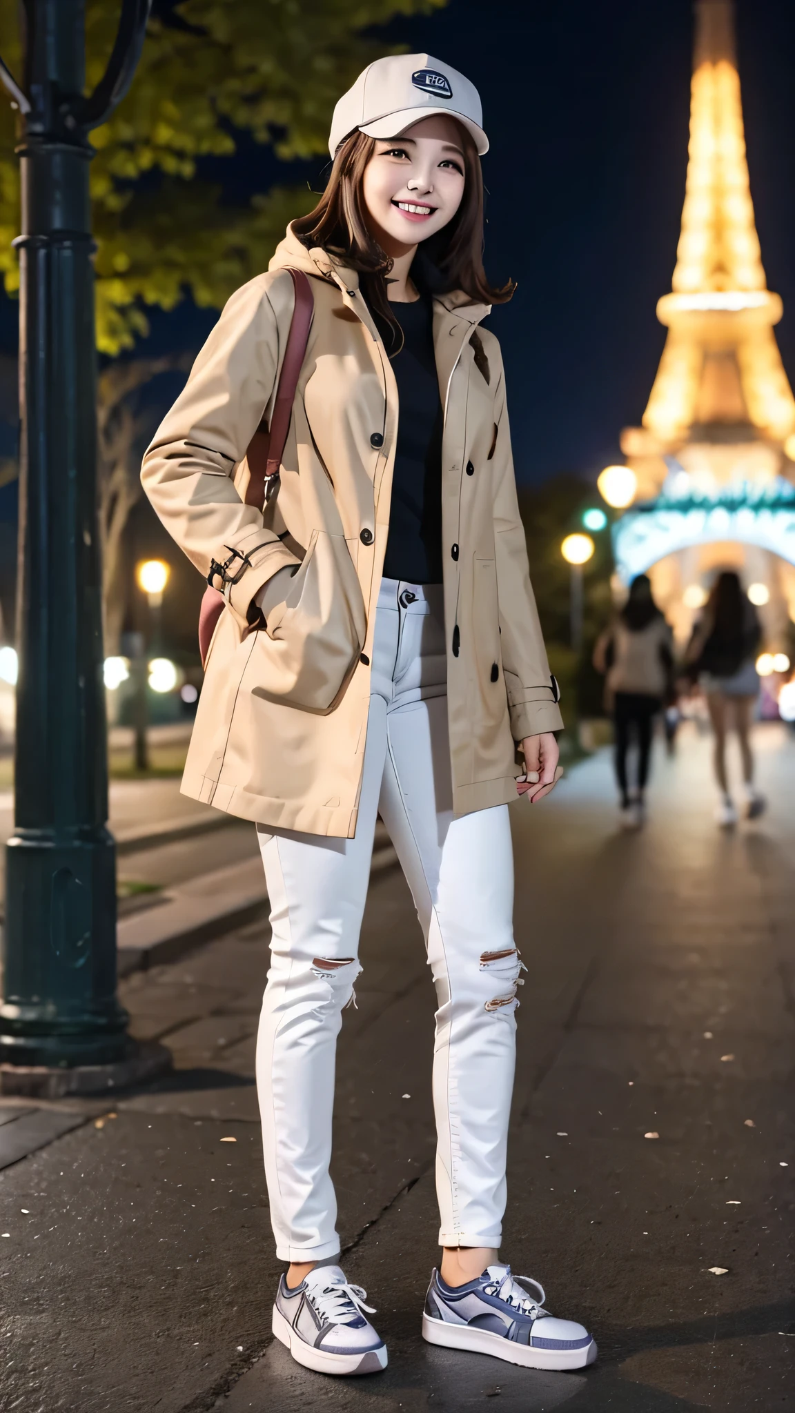 Woman in coat、white jeans and sneakers。Full body photo、Are standing、Wavy Hair、hat、smile、Background is a park at night。.