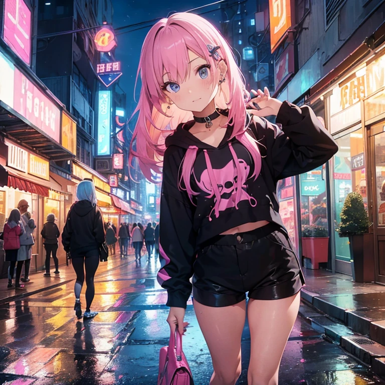 A vibrant and detailed illustration featuring a stylish young woman with long, white hair, standing confidently in a bustling, neon-lit city street at night. She is dressed in a trendy, revealing outfit consisting of a cropped hoodie, a black and pink top, and matching shorts. Her accessories include pink hair clips and various ear piercings, adding to her edgy, modern look. The cityscape is alive with brightly colored signs and advertisements, reflecting off the wet pavement. The overall scene is filled with energy and a lively, urban atmosphere, with a color palette dominated by bright pinks, blues, and purples, emphasizing the contemporary and dynamic nature of the environment.
