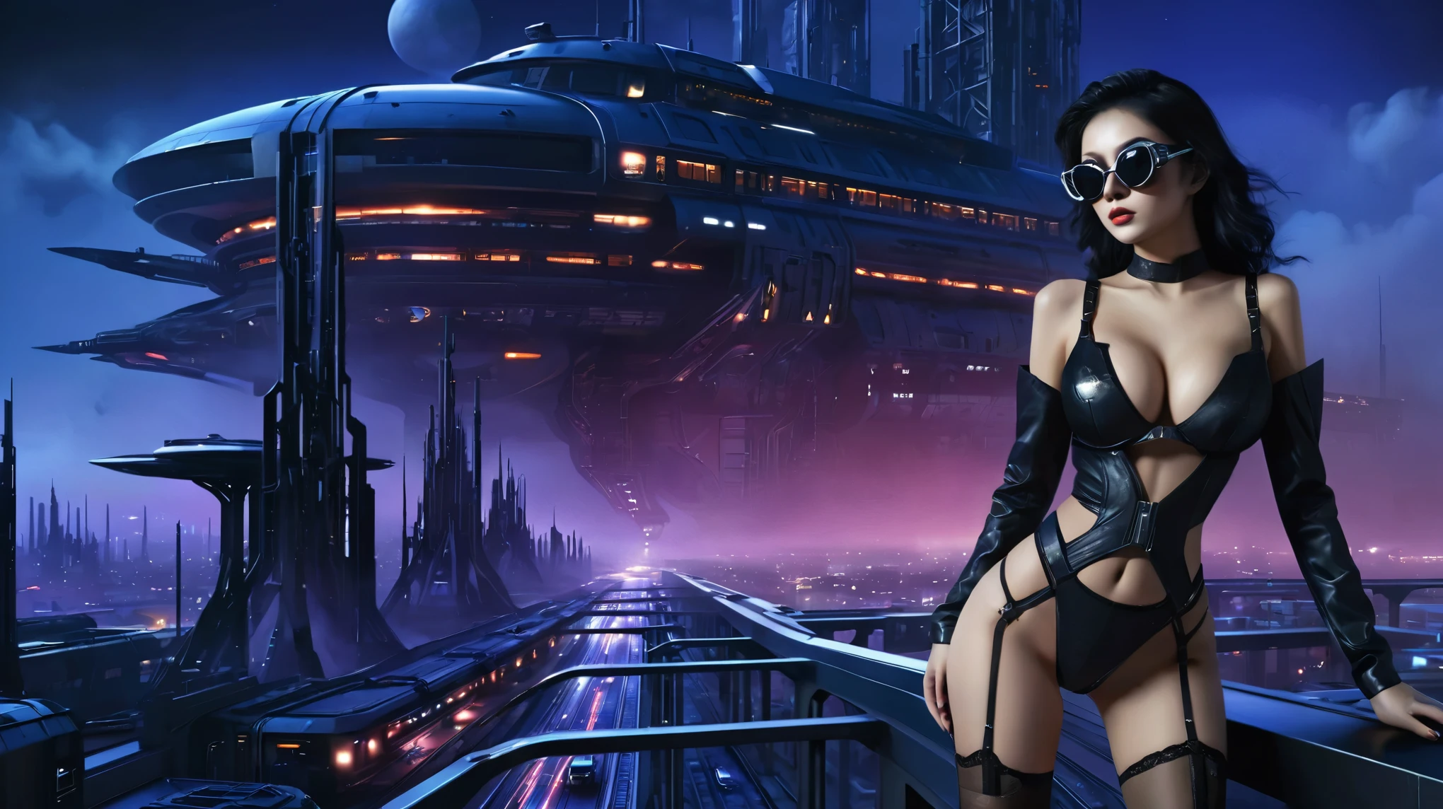 at night, ((a large-breast:1.2 lingerie slim:0.6 GIRL with black micro sunglasses)), ((holding a pistol)), aerial view of an ultra-futuristic megalopolis, tall metal buildings and houses in dark colors from dark blue to black, shades of metal gray, smoky metal structures, industrial environment with fog around, dark cars on the streets, desert megalopolis, modern metal rails and trains passing through, ((futuristic space station)), realistic, detailed, sci-fi.