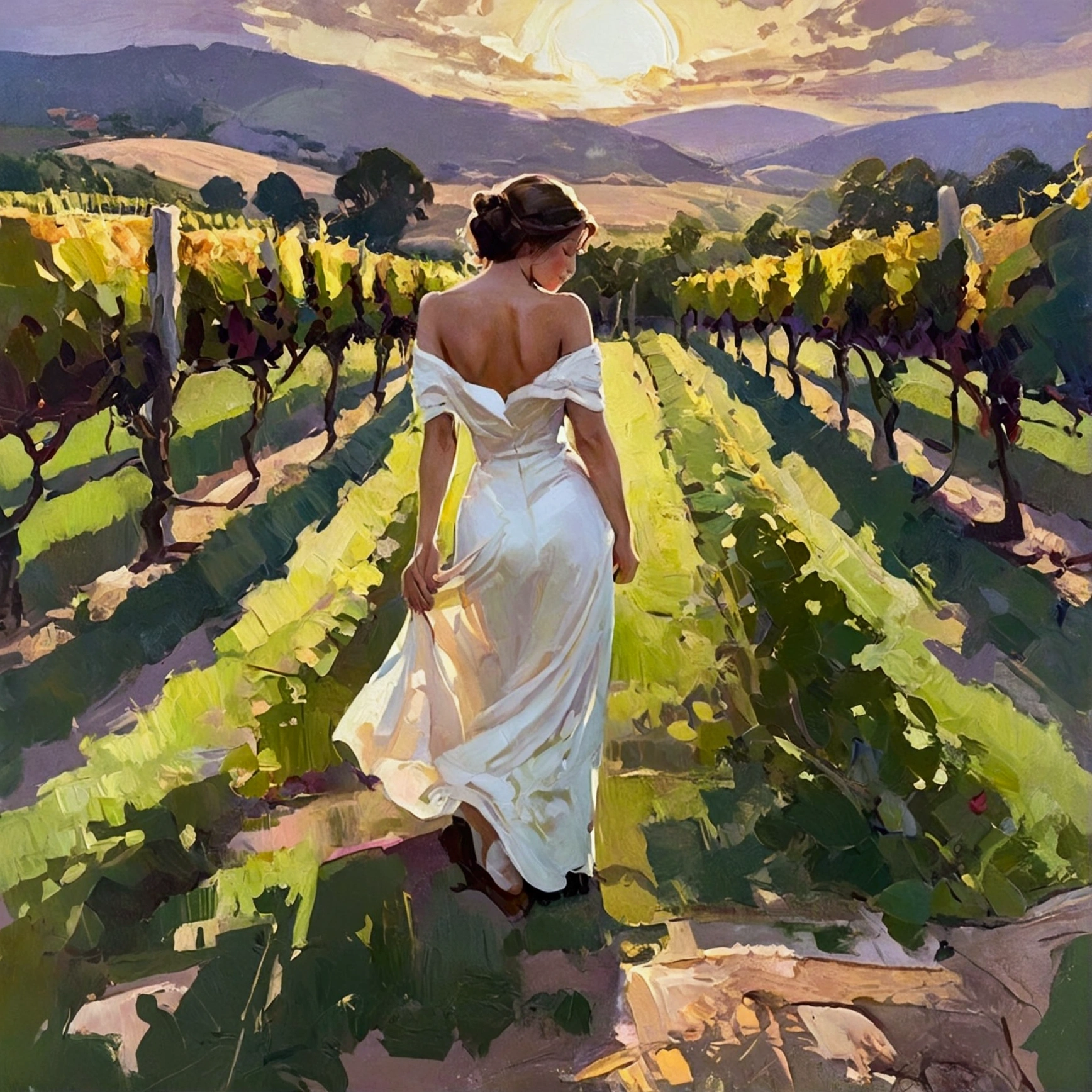 Image of a woman having sex, portrayed in a lush oil painting style with dynamic, rich strokes and a palpable thickness of paint evoking a sense of movement, set against a beautifully rendered vineyard bathed in golden sunlight. The composition merges historical elegance with contemporary sensuality, emphasizing the graceful curves and form of the body, while the background features sprawling grapevines and soft hills that add depth and warmth, creating an inviting and harmonious atmosphere.
