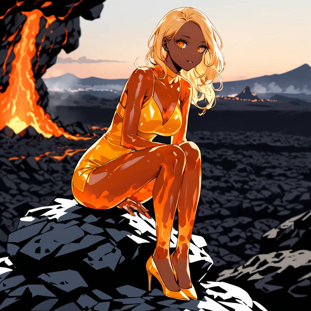 (Golden ratio:1.2),(Colorless background:1.4),(Masterpiece), (Best quality), (Ultra detailed),(Disheveled hair),(illustration),(1girl:1.3),full body, (Slime girl:1.75) ,(Transparent skin, orange skin, lava skin:2.5),Orange-yellow eyes,Oblique bangs,Sister head,gigantic cleavage breasts,(Heavy breasts),(Sagging breasts:1.3),(Slender bee waist),Tall figure,Slender legs,Gold-tone high heels,Transparent dress max,(atheletic body:1.2),(Sit on a pile of lava-bubbling rocks:1.2), (There are volcanic eruptions in the distance:1.3), (Inception:1.2), 8K, RAW, best quality, masterpiece, ultra high res, colorful, portrait, (medium wide shot), (dynamic perspective), sharp focus , (depth of field, bokeh:1.3), extremely detailed eyes and face, beautiful detailed eyes,
