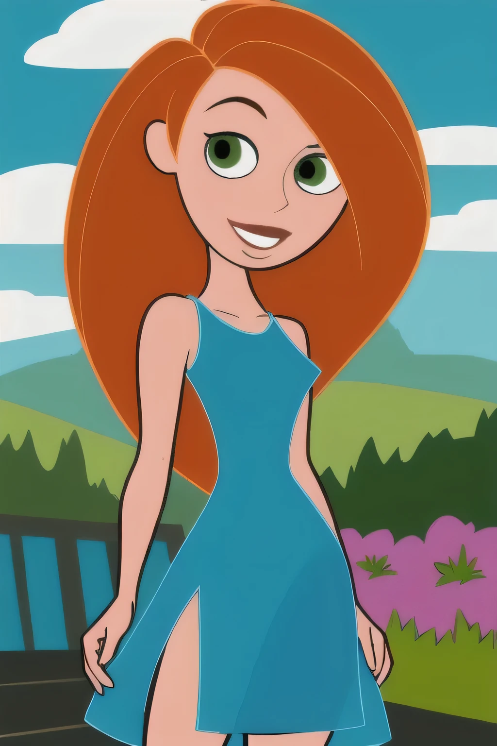 (masterpiece, best quality:1.3), 1girl, looking at viewer, kimberly ann possible, parted lips, upper body, standing, collarbone, bare shoulders, blush, colored skin, orange hair, long hair, absurdly long hair, green eyes, medium breasts, (skindentation:1.2), blue sequin dress, loose clothes, sleeveless, blue sky, clouds, garden, landscape, smile, thighs 