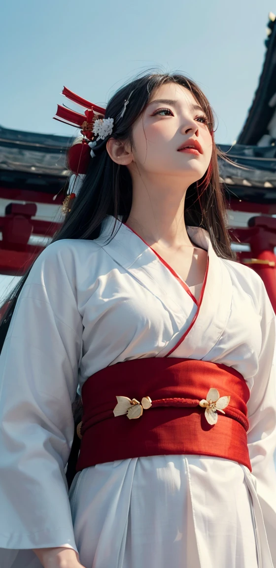 {{There is a woman standing at the shrine.}},masterpiece,8k,(Photorealistic),Realistic Skin,(Very long hair),red面,(Shrine maiden,The top (white) yukata,Below is (red) In the same way:1.5), A small smile,correct_anatomy,whole body,(Grab the broom with both hands:1.3),Sunlight illumination,Dramatic lighting,(look up :1.5),45 angle view,35mm lens,(From below:1.4)(Natural light),Narrow eyes,illuminating her face