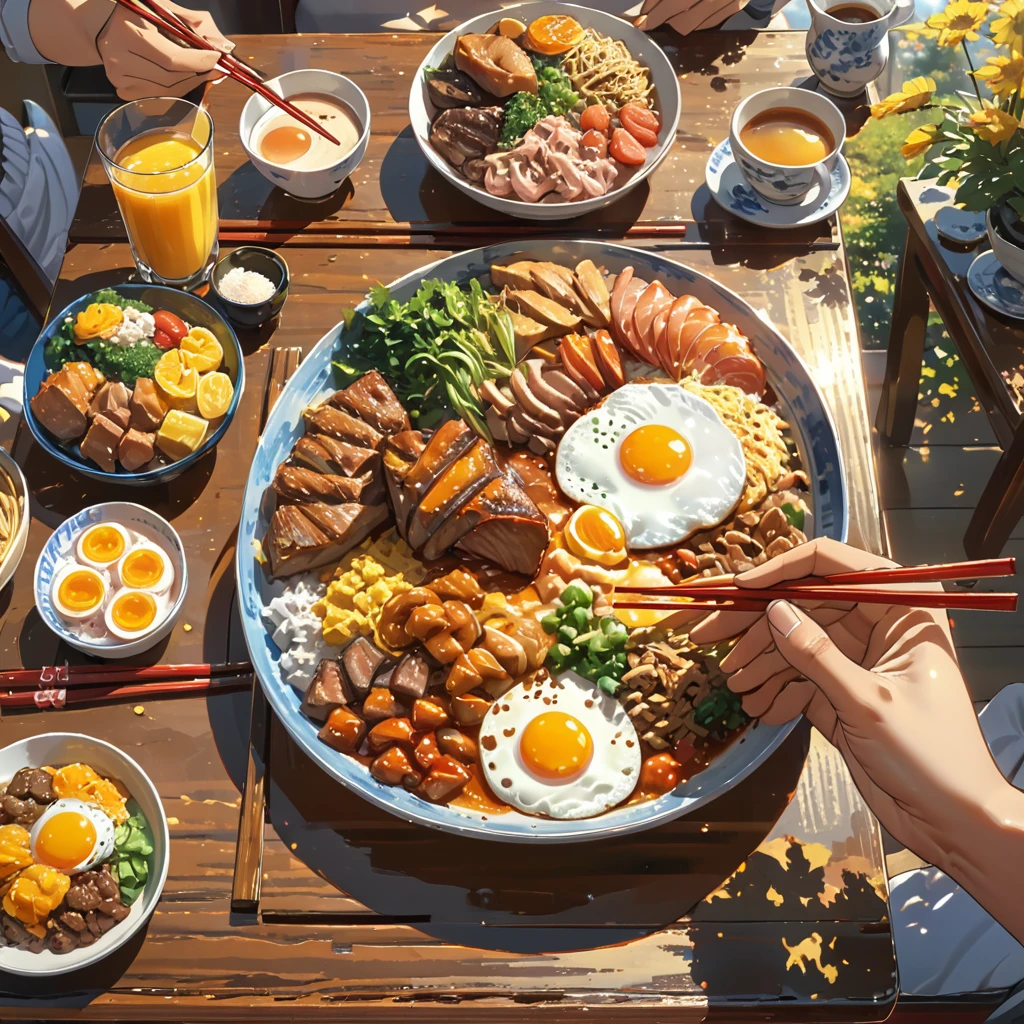 eating breakfast, good scenery, beautiful sunshine, best food, anime style, masterpiece, one hand holding chopstick, one hand under the table, UHD, accurate, high quality, high details, super detail, award winning, best quality, 16, 5 fingers, best hands