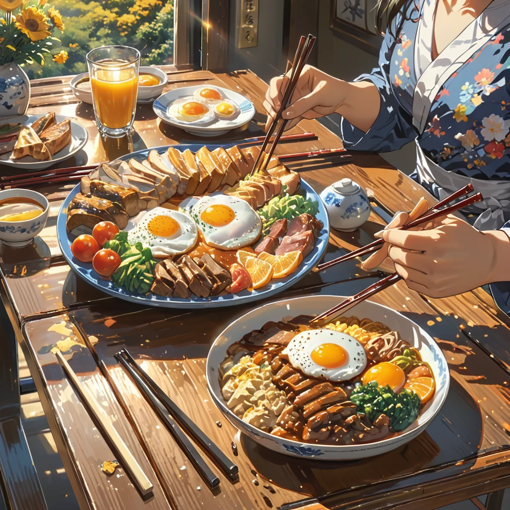 eating breakfast, good scenery, beautiful sunshine, best food, anime style, masterpiece, one hand holding chopstick, one hand under the table, UHD, accurate, high quality, high details, super detail, award winning, best quality, 16, 5 fingers, best hands