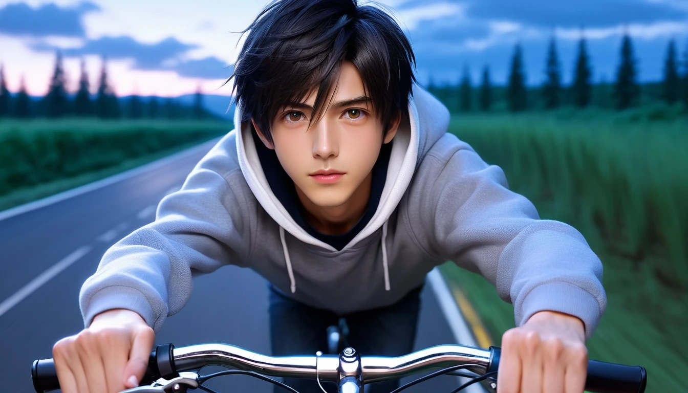 (8k, RAW photos, best quality, masterpiece: 1.4), (((Boy on bike)))，Ultra-high resolution, Extremely detailed, light, Upper body close-up, handsome boy, black eyes, (delicate eyes, Eyes are bright:1.2), Black short hair, Fair skin,dark, Grey sweatshirt, sweatshirt with hood,(perfect anatomy:1.2), High-quality shadows, Natural Lighting, (White highlights:1.2), night, cloudy day, (River bridge:1.2)