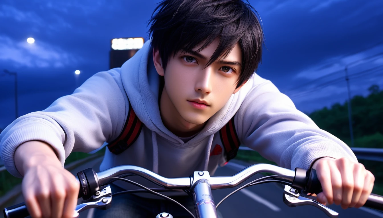 (8k, RAW photos, best quality, masterpiece: 1.4), (((Boy on bike))),Ultra-high resolution, Extremely detailed, light, Upper body close-up, handsome boy, black eyes, (delicate eyes, Eyes are bright:1.2), Black short hair, Fair skin,dark, Grey sweatshirt, sweatshirt with hood,(perfect anatomy:1.2), High-quality shadows, Natural Lighting, (White highlights:1.2), night, cloudy day, (River bridge:1.2)